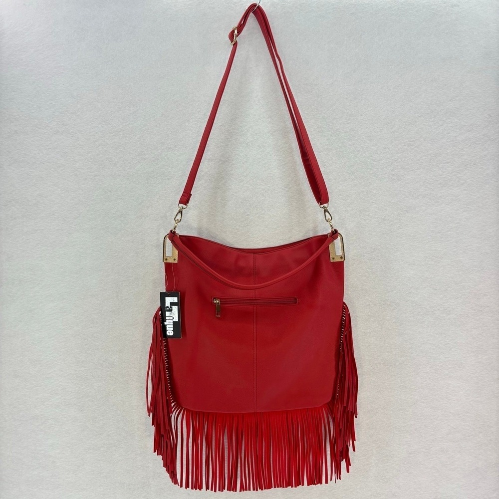 LaTique Red Studded Fringe Hobo Bag Vegan Leather Boho Western Festival Cowgirl - Picture 3 of 13